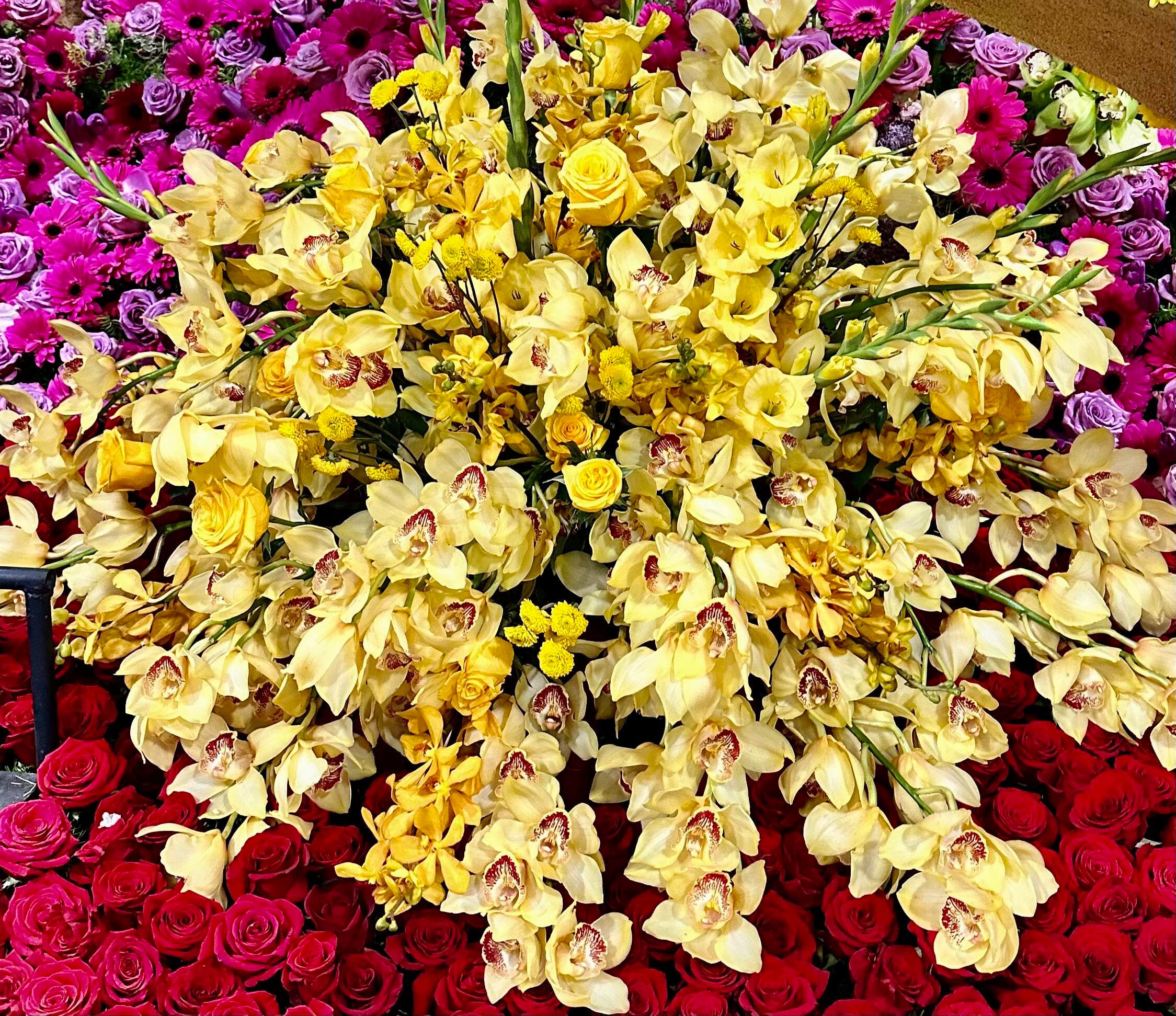 A dense cluster of yellow orchids and yellow roses cascading over a backdrop of deep red and purple roses and gerbera daisies